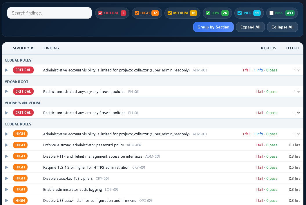 ConfigSentry sample report screenshot: 06 Engineer Preview Verified Findings Table.